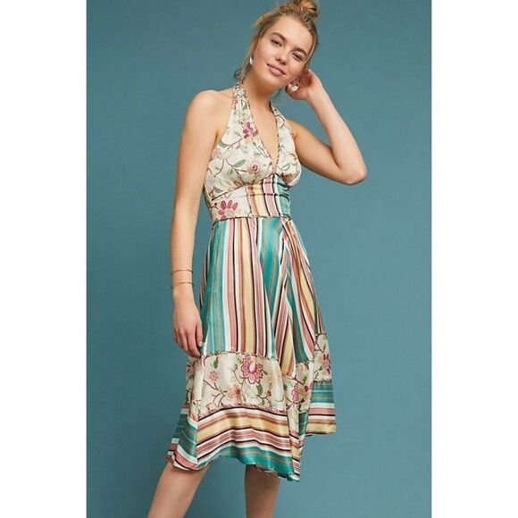 NEW ANTHROPOLOGIE BURNING TORCH Sz S CALVERT CAMELIA HALTER MIDI DRESS - Picture 3 of 5